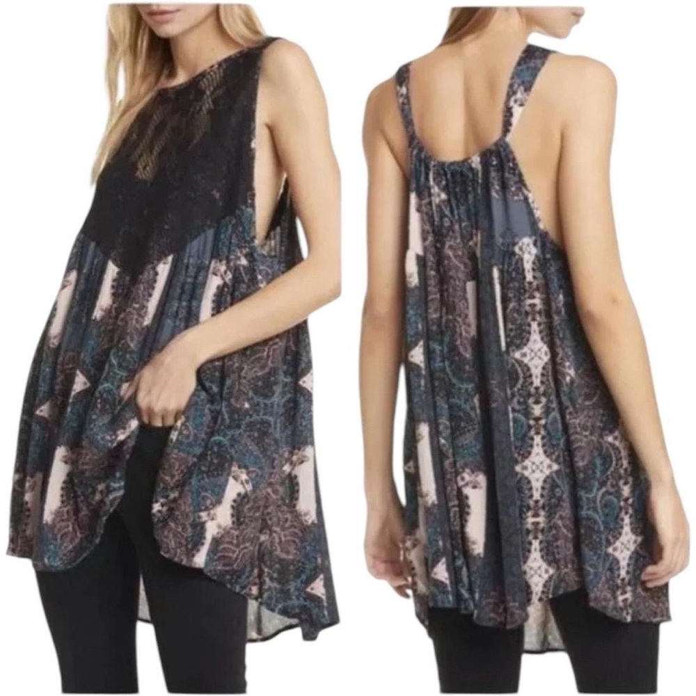 Free People Count Me In Trapeze Tunic Top black / pink combo paisley with lace - Picture 7 of 15
